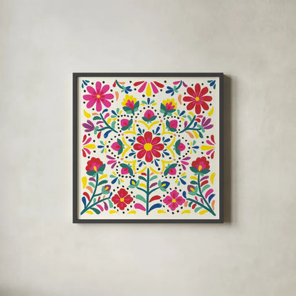 Floral Fiesta White II by Laura Marshall. Shown in a sleek black glass frame for a contemporary gallery look. Available as an archival giclee rolled canvas, fine art paper, or poster print. SKU 41516a.
