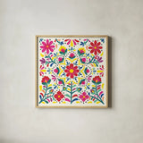Floral Fiesta White II by Laura Marshall. Shown in a natural wood glass frame for a timeless modern aesthetic. Available as an archival giclee rolled canvas, fine art paper, or poster print. SKU 41516a.