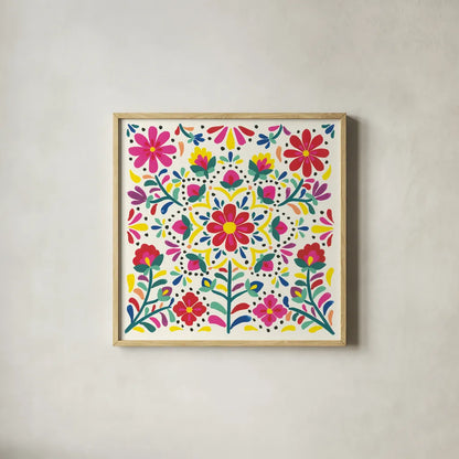 Floral Fiesta White II by Laura Marshall. Shown in a natural wood glass frame for a timeless modern aesthetic. Available as an archival giclee rolled canvas, fine art paper, or poster print. SKU 41516a.