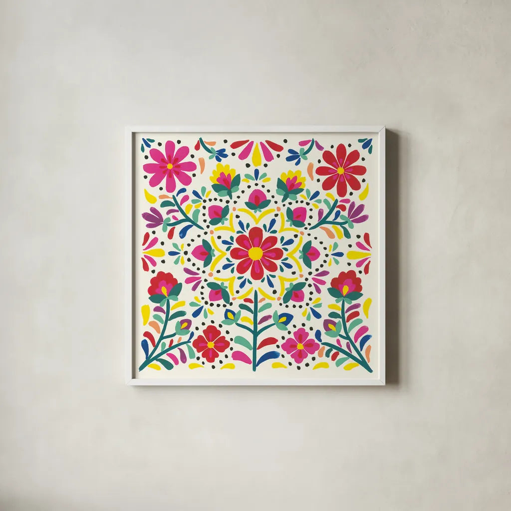 Floral Fiesta White II by Laura Marshall. Shown in a crisp white glass frame for a clean and minimalist style. Available as an archival giclee rolled canvas, fine art paper, or poster print. SKU 41516a.