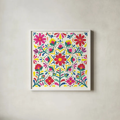 Floral Fiesta White II by Laura Marshall. Shown in a crisp white glass frame for a clean and minimalist style. Available as an archival giclee rolled canvas, fine art paper, or poster print. SKU 41516a.