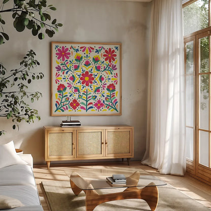 Floral Fiesta White II by Laura Marshall. Shown in a natural wood frame in a cozy modern living room. Available as an archival giclee rolled canvas, fine art paper, or poster print. SKU 41516a.