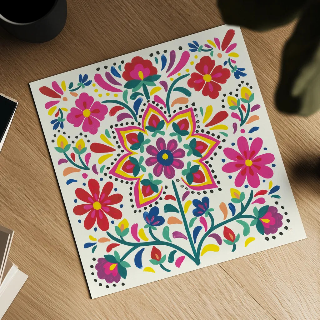 Floral Fiesta White III by Laura Marshall. Shown as a detailed flat fine art print, highlighting archival giclee quality. Available as an archival giclee rolled canvas, fine art paper, or poster print. SKU 41517a.