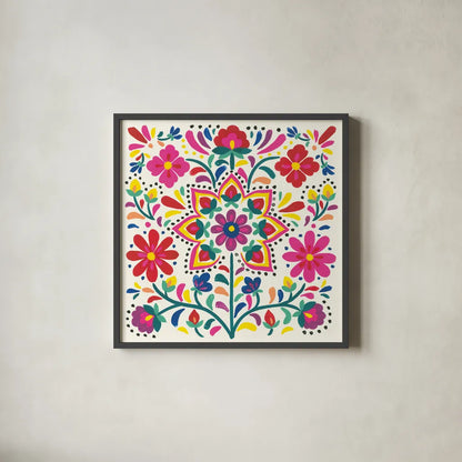 Floral Fiesta White III by Laura Marshall. Shown in a sleek black glass frame for a contemporary gallery look. Available as an archival giclee rolled canvas, fine art paper, or poster print. SKU 41517a.