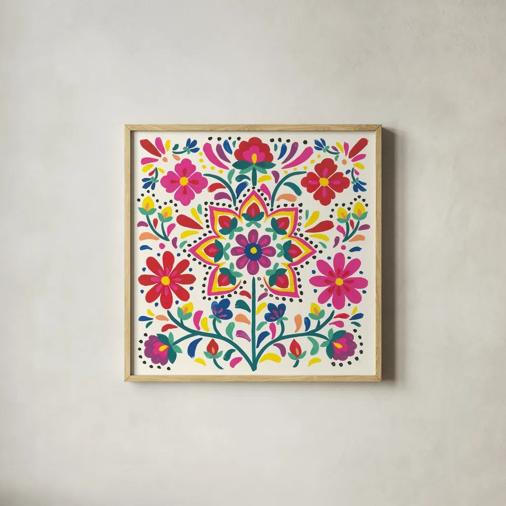 Floral Fiesta White III by Laura Marshall. Shown in a natural wood glass frame for a timeless modern aesthetic. Available as an archival giclee rolled canvas, fine art paper, or poster print. SKU 41517a.