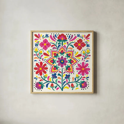 Floral Fiesta White III by Laura Marshall. Shown in a natural wood glass frame for a timeless modern aesthetic. Available as an archival giclee rolled canvas, fine art paper, or poster print. SKU 41517a.