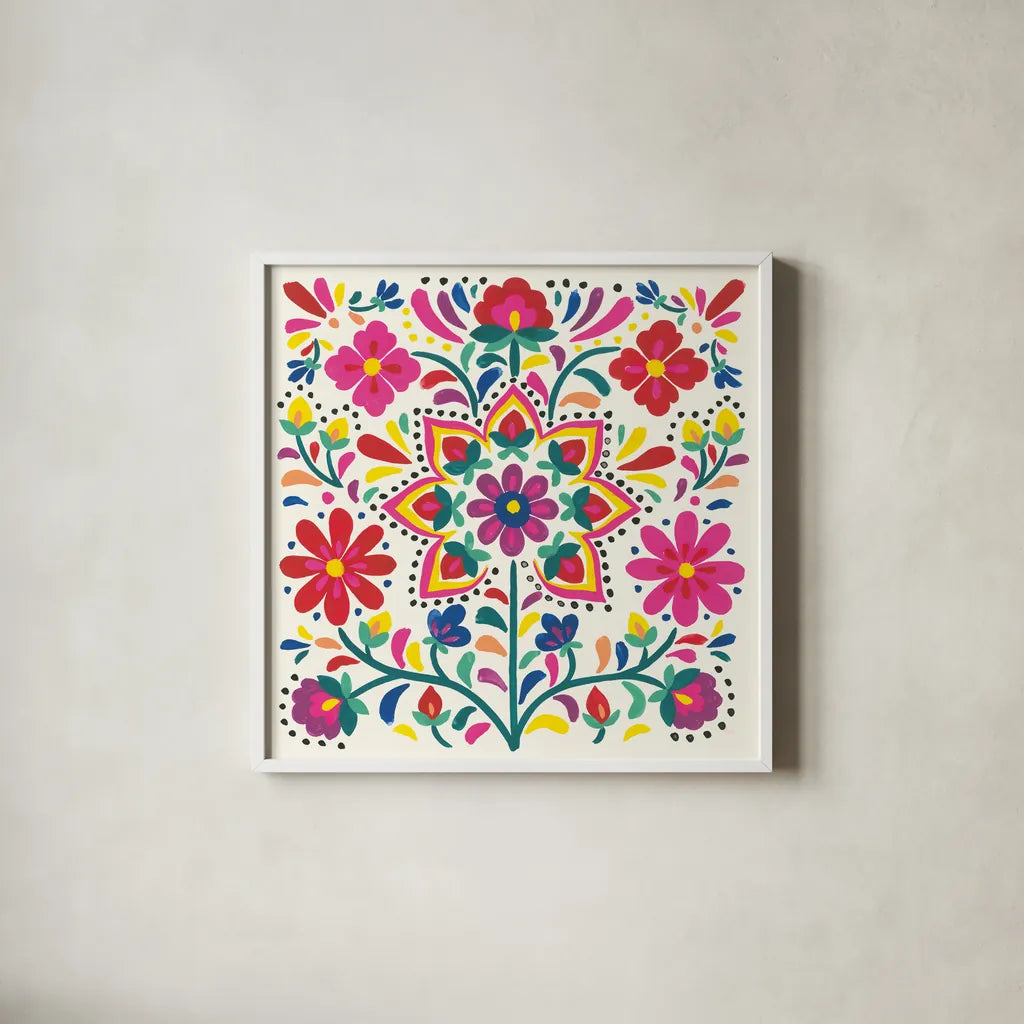 Floral Fiesta White III by Laura Marshall. Shown in a crisp white glass frame for a clean and minimalist style. Available as an archival giclee rolled canvas, fine art paper, or poster print. SKU 41517a.
