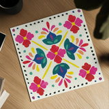 Floral Fiesta White Tile I by Laura Marshall. Shown as a detailed flat fine art print, highlighting archival giclee quality. Available as an archival giclee rolled canvas, fine art paper, or poster print. SKU 41520a.