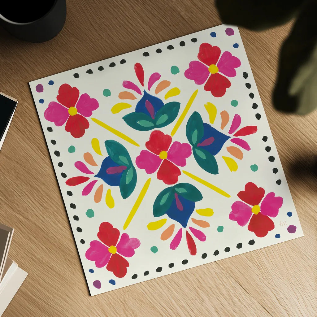 Floral Fiesta White Tile I by Laura Marshall. Shown as a detailed flat fine art print, highlighting archival giclee quality. Available as an archival giclee rolled canvas, fine art paper, or poster print. SKU 41520a.