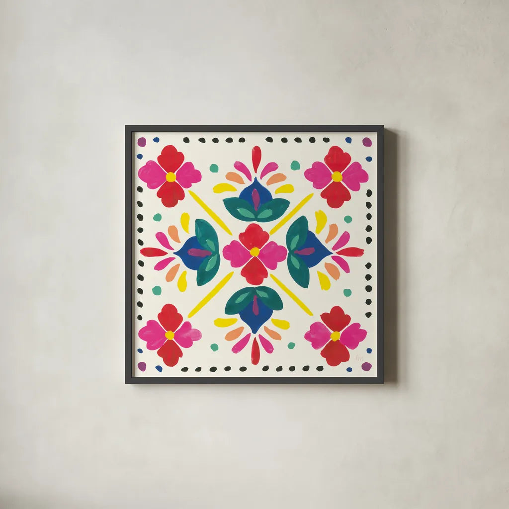 Floral Fiesta White Tile I by Laura Marshall. Shown in a sleek black glass frame for a contemporary gallery look. Available as an archival giclee rolled canvas, fine art paper, or poster print. SKU 41520a.