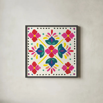 Floral Fiesta White Tile I by Laura Marshall. Shown in a sleek black glass frame for a contemporary gallery look. Available as an archival giclee rolled canvas, fine art paper, or poster print. SKU 41520a.