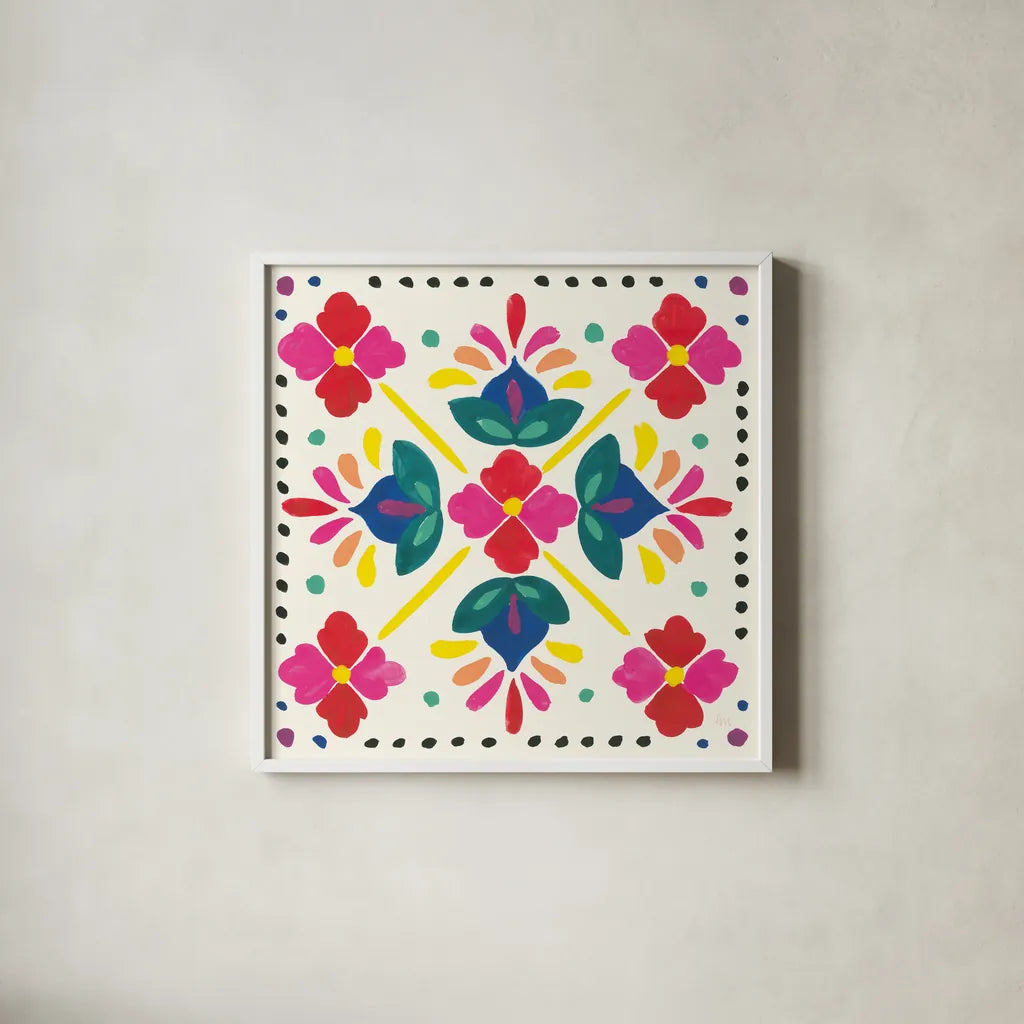 Floral Fiesta White Tile I by Laura Marshall. Shown in a crisp white glass frame for a clean and minimalist style. Available as an archival giclee rolled canvas, fine art paper, or poster print. SKU 41520a.