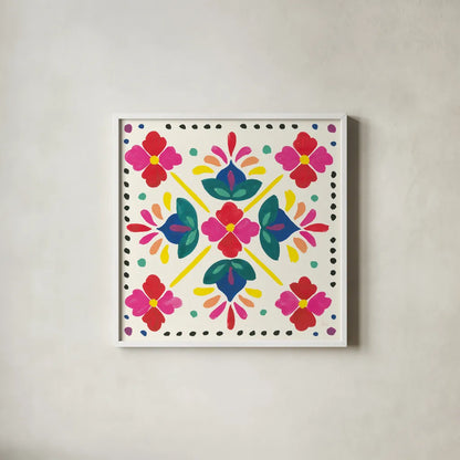 Floral Fiesta White Tile I by Laura Marshall. Shown in a crisp white glass frame for a clean and minimalist style. Available as an archival giclee rolled canvas, fine art paper, or poster print. SKU 41520a.