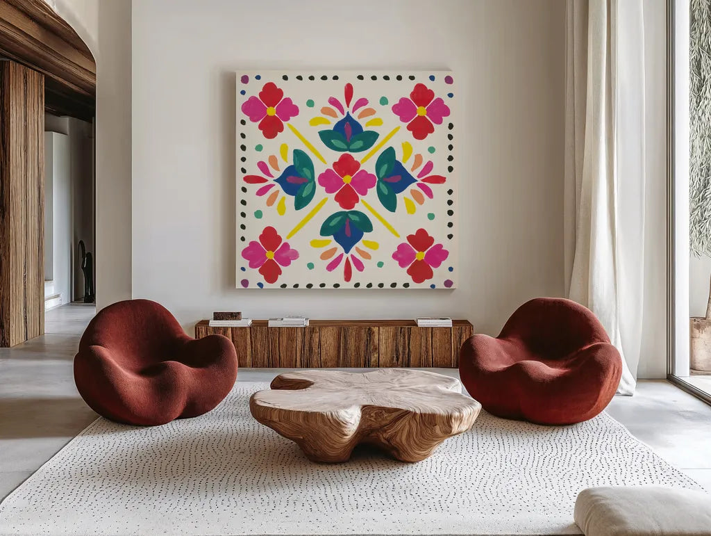 Floral Fiesta White Tile I by Laura Marshall. Shown as extra-large giant wall art in a modern living room. Available as an archival giclee rolled canvas, fine art paper, or poster print. SKU 41520a.