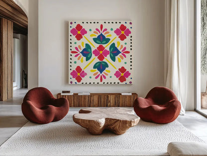 Floral Fiesta White Tile I by Laura Marshall. Shown as extra-large giant wall art in a modern living room. Available as an archival giclee rolled canvas, fine art paper, or poster print. SKU 41520a.
