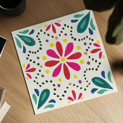 Floral Fiesta White Tile II by Laura Marshall. Shown as a detailed flat fine art print, highlighting archival giclee quality. Available as an archival giclee rolled canvas, fine art paper, or poster print. SKU 41521a.