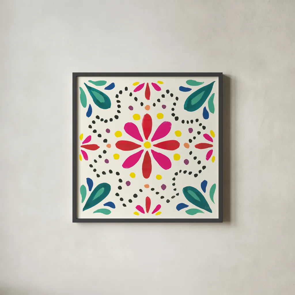Floral Fiesta White Tile II by Laura Marshall. Shown in a sleek black glass frame for a contemporary gallery look. Available as an archival giclee rolled canvas, fine art paper, or poster print. SKU 41521a.