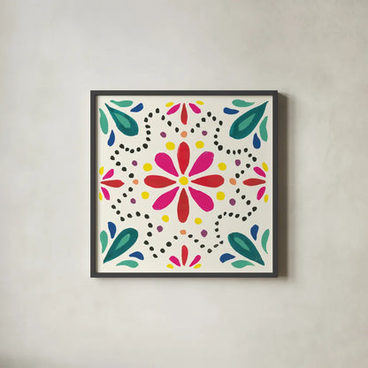 Floral Fiesta White Tile II by Laura Marshall. Shown in a sleek black glass frame for a contemporary gallery look. Available as an archival giclee rolled canvas, fine art paper, or poster print. SKU 41521a.