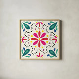 Floral Fiesta White Tile II by Laura Marshall. Shown in a natural wood glass frame for a timeless modern aesthetic. Available as an archival giclee rolled canvas, fine art paper, or poster print. SKU 41521a.