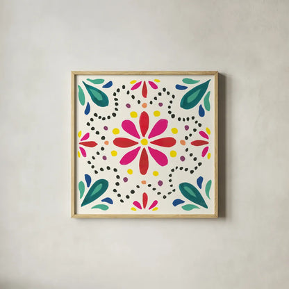 Floral Fiesta White Tile II by Laura Marshall. Shown in a natural wood glass frame for a timeless modern aesthetic. Available as an archival giclee rolled canvas, fine art paper, or poster print. SKU 41521a.