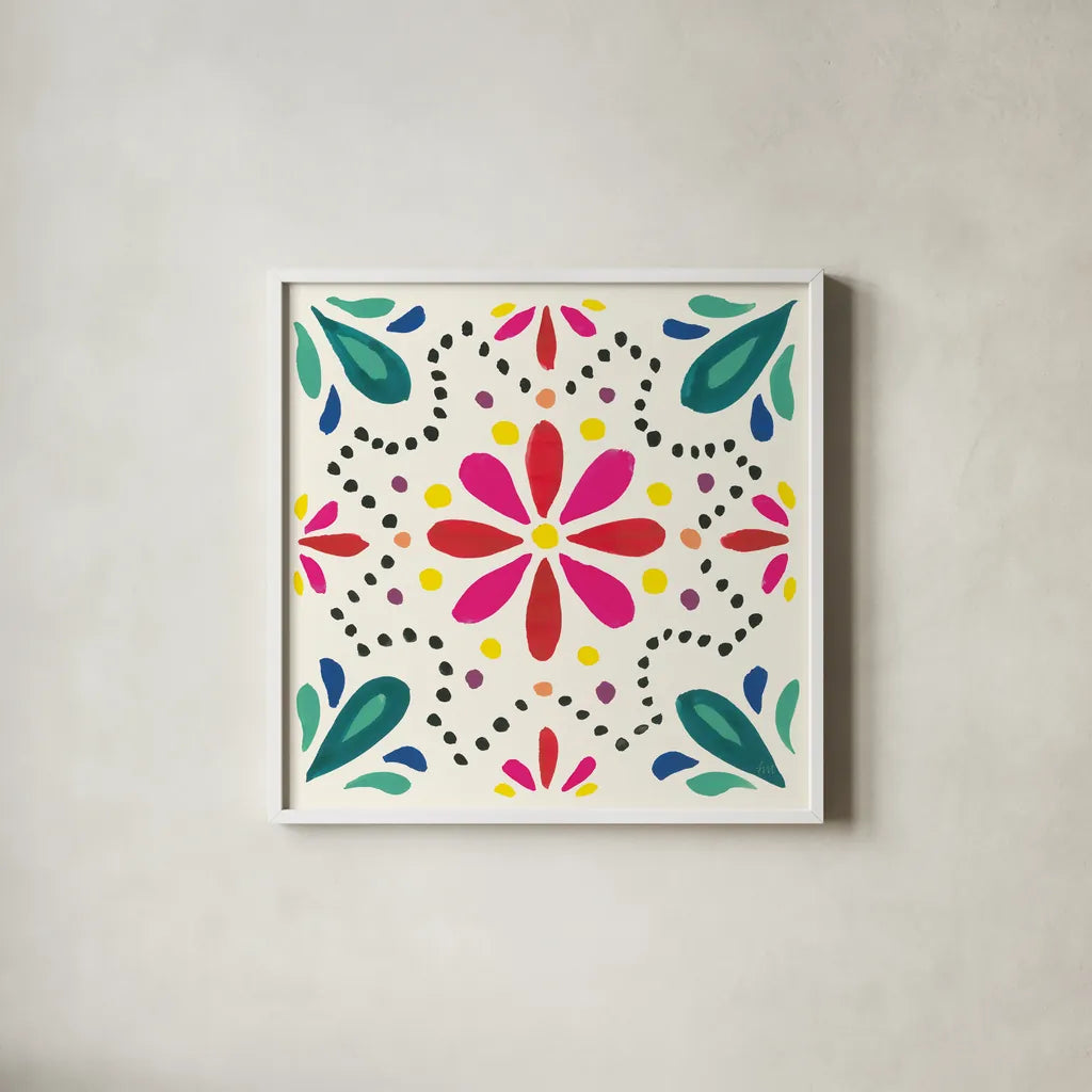Floral Fiesta White Tile II by Laura Marshall. Shown in a crisp white glass frame for a clean and minimalist style. Available as an archival giclee rolled canvas, fine art paper, or poster print. SKU 41521a.
