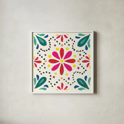 Floral Fiesta White Tile II by Laura Marshall. Shown in a crisp white glass frame for a clean and minimalist style. Available as an archival giclee rolled canvas, fine art paper, or poster print. SKU 41521a.