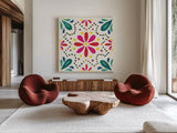Floral Fiesta White Tile II by Laura Marshall. Shown as extra-large giant wall art in a modern living room. Available as an archival giclee rolled canvas, fine art paper, or poster print. SKU 41521a.