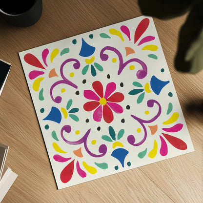 Floral Fiesta White Tile III by Laura Marshall. Shown as a detailed flat fine art print, highlighting archival giclee quality. Available as an archival giclee rolled canvas, fine art paper, or poster print. SKU 41522a.