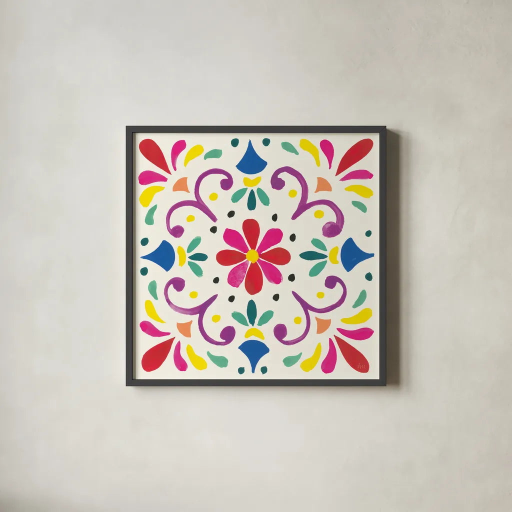 Floral Fiesta White Tile III by Laura Marshall. Shown in a sleek black glass frame for a contemporary gallery look. Available as an archival giclee rolled canvas, fine art paper, or poster print. SKU 41522a.