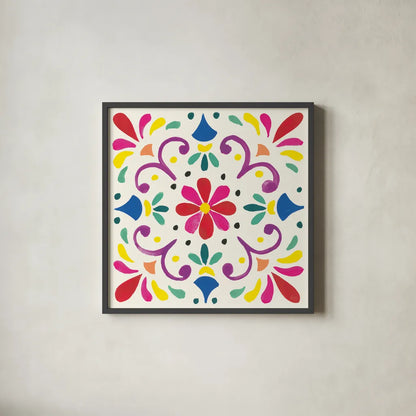 Floral Fiesta White Tile III by Laura Marshall. Shown in a sleek black glass frame for a contemporary gallery look. Available as an archival giclee rolled canvas, fine art paper, or poster print. SKU 41522a.