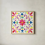 Floral Fiesta White Tile III by Laura Marshall. Shown in a natural wood glass frame for a timeless modern aesthetic. Available as an archival giclee rolled canvas, fine art paper, or poster print. SKU 41522a.