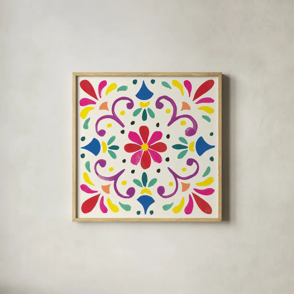 Floral Fiesta White Tile III by Laura Marshall. Shown in a natural wood glass frame for a timeless modern aesthetic. Available as an archival giclee rolled canvas, fine art paper, or poster print. SKU 41522a.