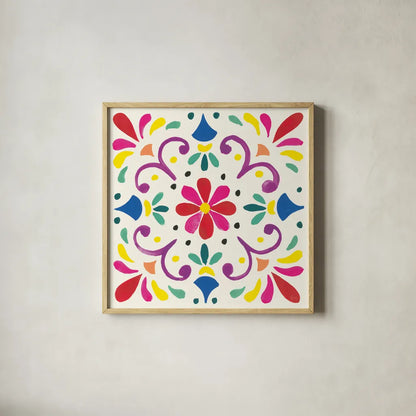 Floral Fiesta White Tile III by Laura Marshall. Shown in a natural wood glass frame for a timeless modern aesthetic. Available as an archival giclee rolled canvas, fine art paper, or poster print. SKU 41522a.