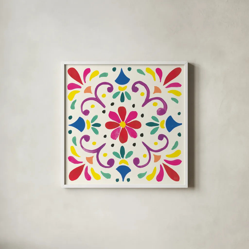 Floral Fiesta White Tile III by Laura Marshall. Shown in a crisp white glass frame for a clean and minimalist style. Available as an archival giclee rolled canvas, fine art paper, or poster print. SKU 41522a.
