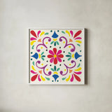 Floral Fiesta White Tile III by Laura Marshall. Shown in a crisp white glass frame for a clean and minimalist style. Available as an archival giclee rolled canvas, fine art paper, or poster print. SKU 41522a.