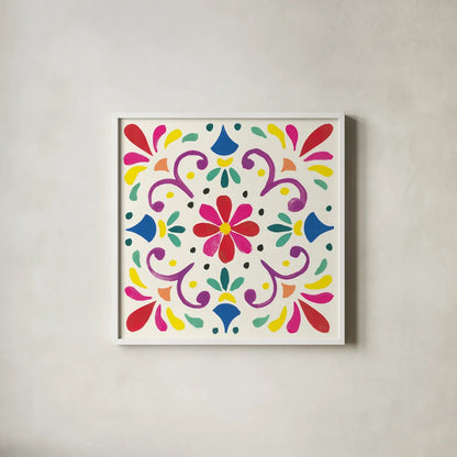 Floral Fiesta White Tile III by Laura Marshall. Shown in a crisp white glass frame for a clean and minimalist style. Available as an archival giclee rolled canvas, fine art paper, or poster print. SKU 41522a.