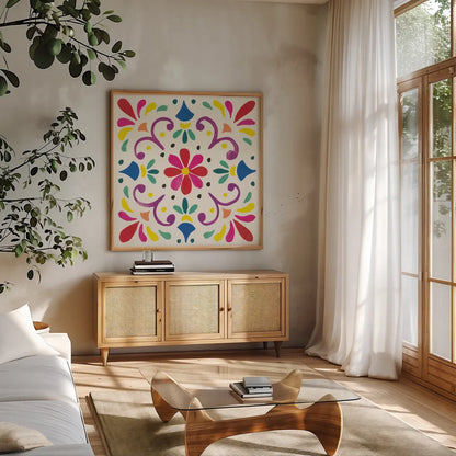 Floral Fiesta White Tile III by Laura Marshall. Shown in a natural wood frame in a cozy modern living room. Available as an archival giclee rolled canvas, fine art paper, or poster print. SKU 41522a.