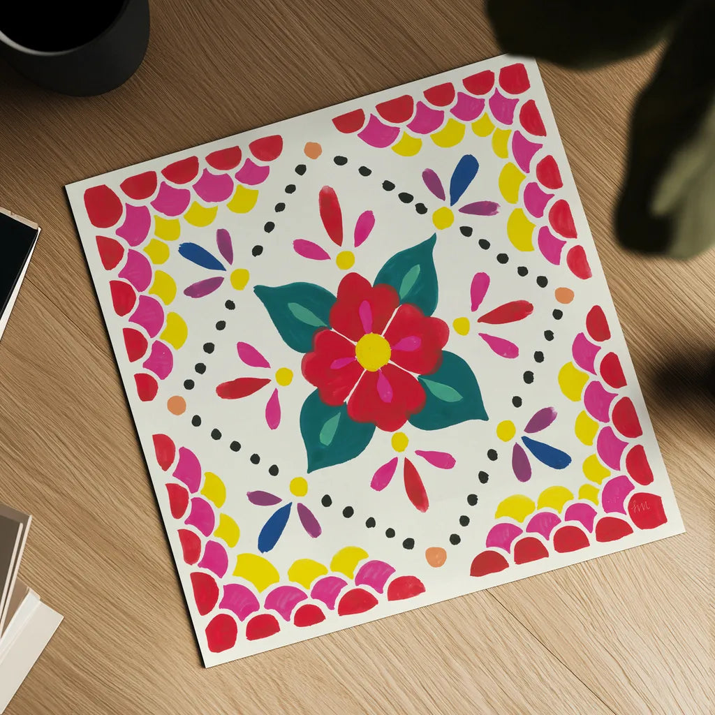 Floral Fiesta White Tile IV by Laura Marshall. Shown as a detailed flat fine art print, highlighting archival giclee quality. Available as an archival giclee rolled canvas, fine art paper, or poster print. SKU 41523a.