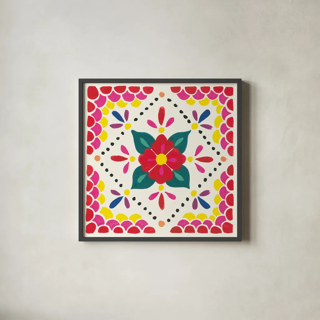 Floral Fiesta White Tile IV by Laura Marshall. Shown in a sleek black glass frame for a contemporary gallery look. Available as an archival giclee rolled canvas, fine art paper, or poster print. SKU 41523a.