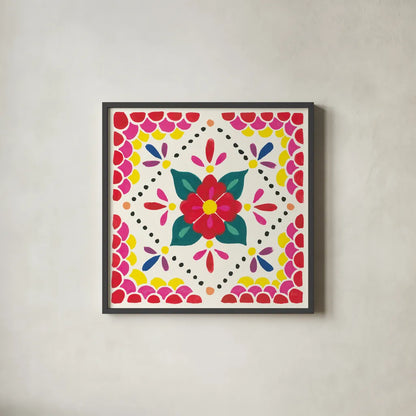 Floral Fiesta White Tile IV by Laura Marshall. Shown in a sleek black glass frame for a contemporary gallery look. Available as an archival giclee rolled canvas, fine art paper, or poster print. SKU 41523a.