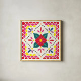 Floral Fiesta White Tile IV by Laura Marshall. Shown in a natural wood glass frame for a timeless modern aesthetic. Available as an archival giclee rolled canvas, fine art paper, or poster print. SKU 41523a.