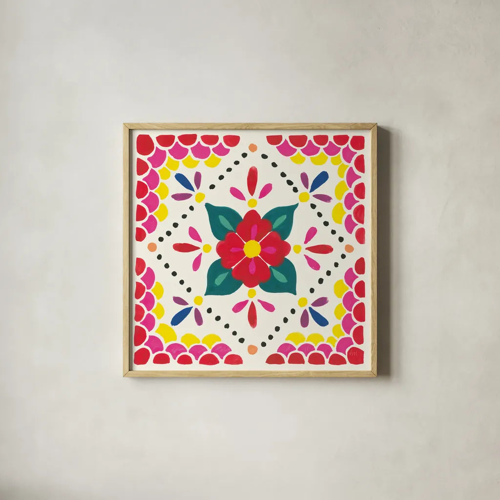 Floral Fiesta White Tile IV by Laura Marshall. Shown in a natural wood glass frame for a timeless modern aesthetic. Available as an archival giclee rolled canvas, fine art paper, or poster print. SKU 41523a.