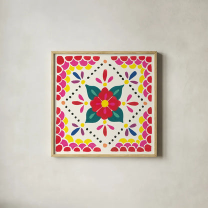Floral Fiesta White Tile IV by Laura Marshall. Shown in a natural wood glass frame for a timeless modern aesthetic. Available as an archival giclee rolled canvas, fine art paper, or poster print. SKU 41523a.