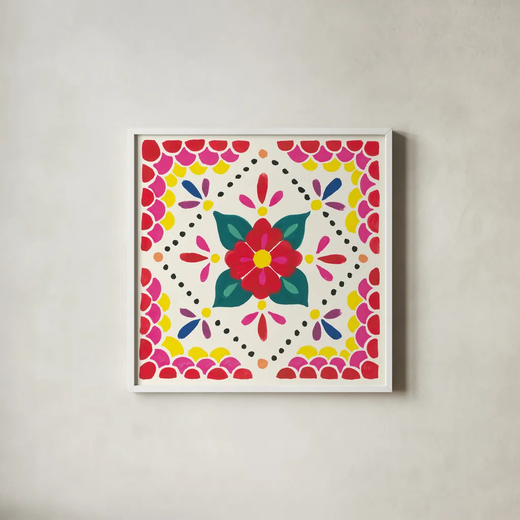 Floral Fiesta White Tile IV by Laura Marshall. Shown in a crisp white glass frame for a clean and minimalist style. Available as an archival giclee rolled canvas, fine art paper, or poster print. SKU 41523a.