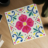 Floral Fiesta White Tile IX by Laura Marshall. Shown as a detailed flat fine art print, highlighting archival giclee quality. Available as an archival giclee rolled canvas, fine art paper, or poster print. SKU 41528a.