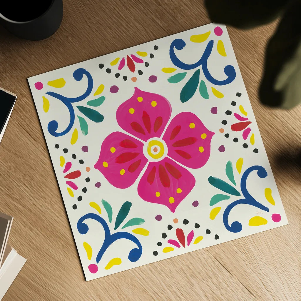 Floral Fiesta White Tile IX by Laura Marshall. Shown as a detailed flat fine art print, highlighting archival giclee quality. Available as an archival giclee rolled canvas, fine art paper, or poster print. SKU 41528a.