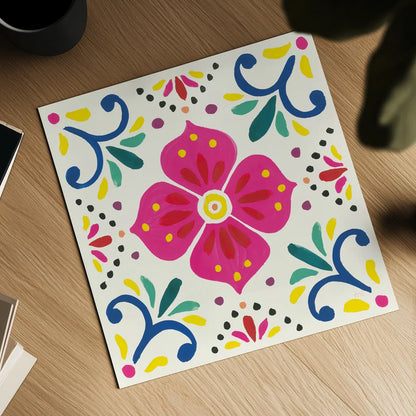 Floral Fiesta White Tile IX by Laura Marshall. Shown as a detailed flat fine art print, highlighting archival giclee quality. Available as an archival giclee rolled canvas, fine art paper, or poster print. SKU 41528a.