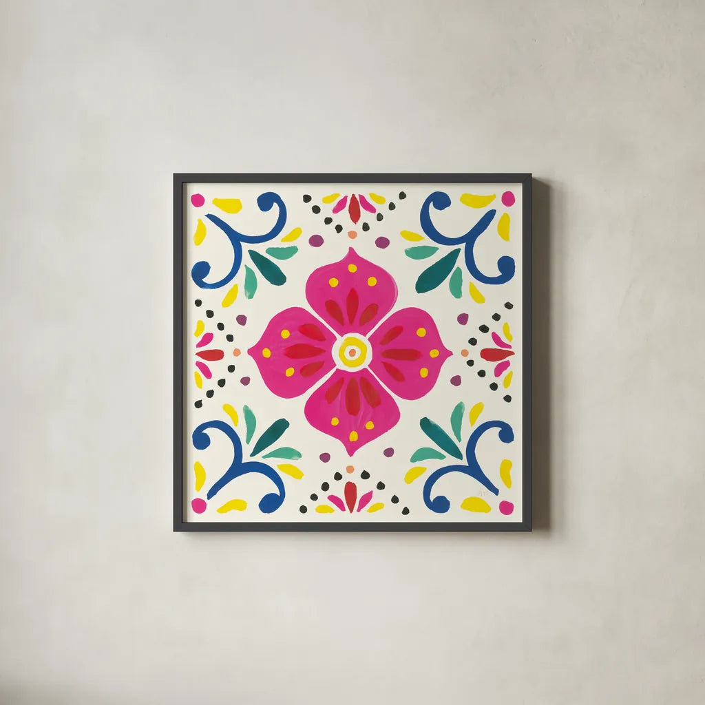 Floral Fiesta White Tile IX by Laura Marshall. Shown in a sleek black glass frame for a contemporary gallery look. Available as an archival giclee rolled canvas, fine art paper, or poster print. SKU 41528a.