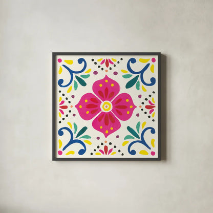 Floral Fiesta White Tile IX by Laura Marshall. Shown in a sleek black glass frame for a contemporary gallery look. Available as an archival giclee rolled canvas, fine art paper, or poster print. SKU 41528a.