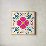 Floral Fiesta White Tile IX by Laura Marshall. Shown in a natural wood glass frame for a timeless modern aesthetic. Available as an archival giclee rolled canvas, fine art paper, or poster print. SKU 41528a.